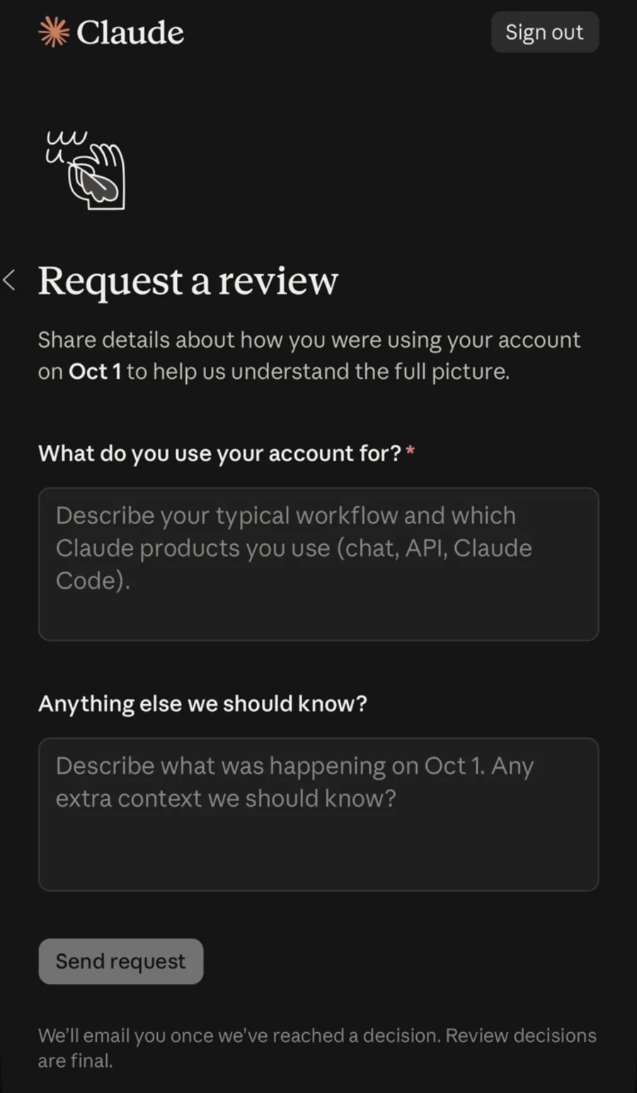 Форма Request a review с вопросами об использовании аккаунта и событиях 1 октября