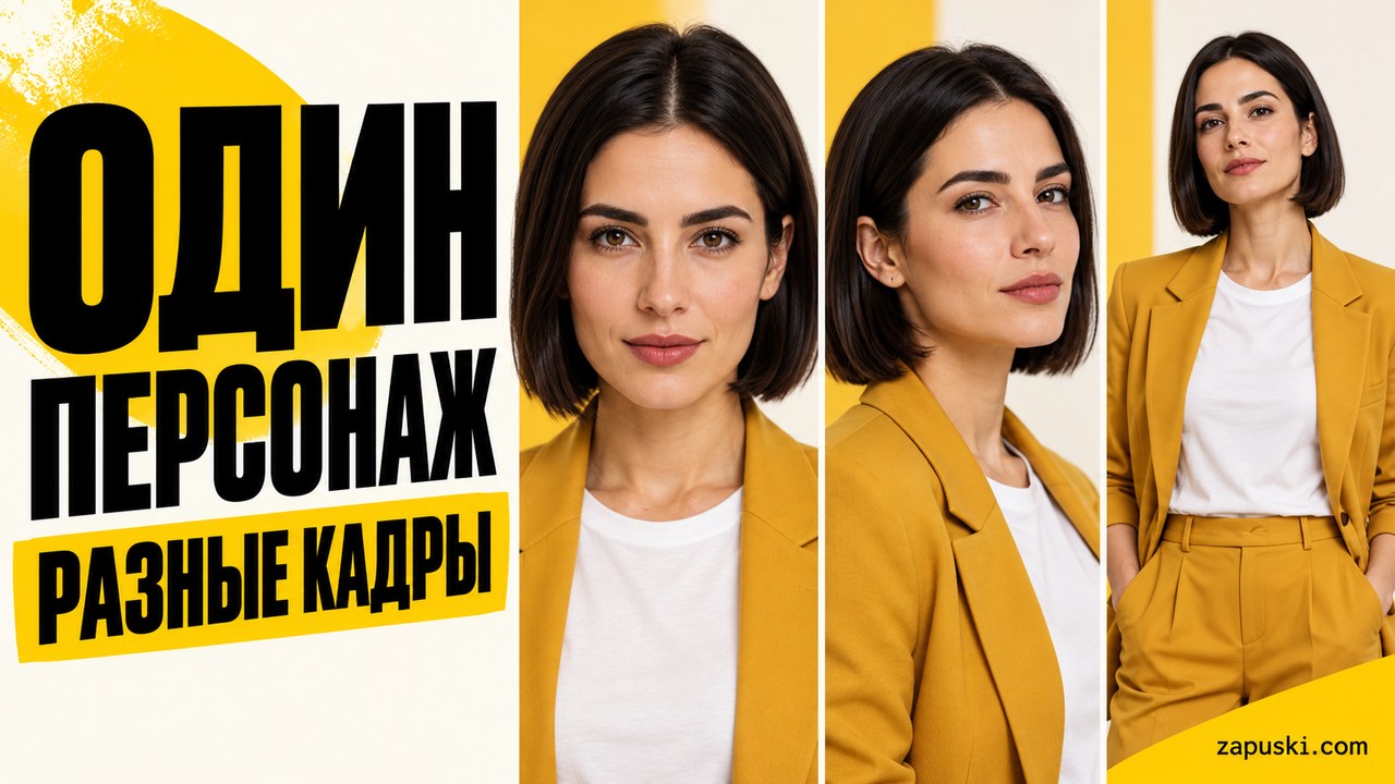 Один вымышленный персонаж в разных кадрах — редакционная иллюстрация, не результат теста